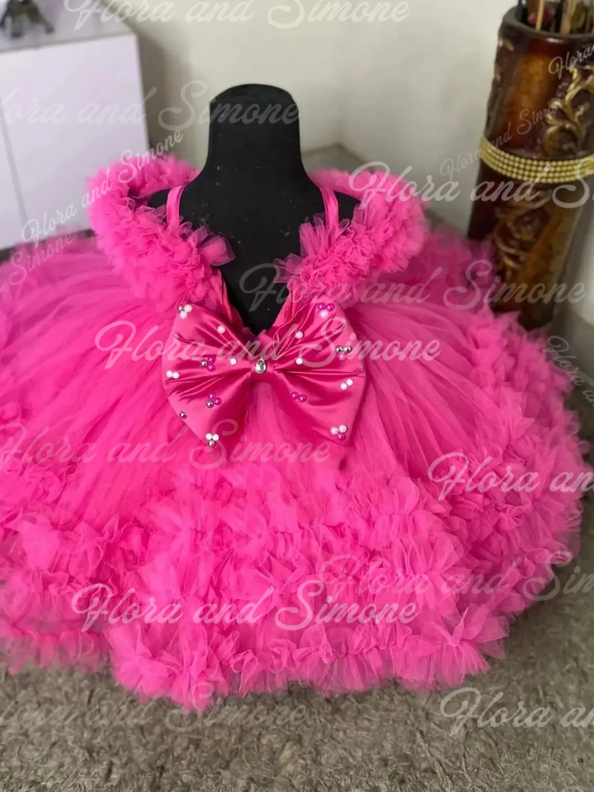 Pink Flower Girl Dress for Wedding Puffy Sequins Applique Tiered Sleeveless Kids Birthday Gowns Luxury Princess Dress Customized