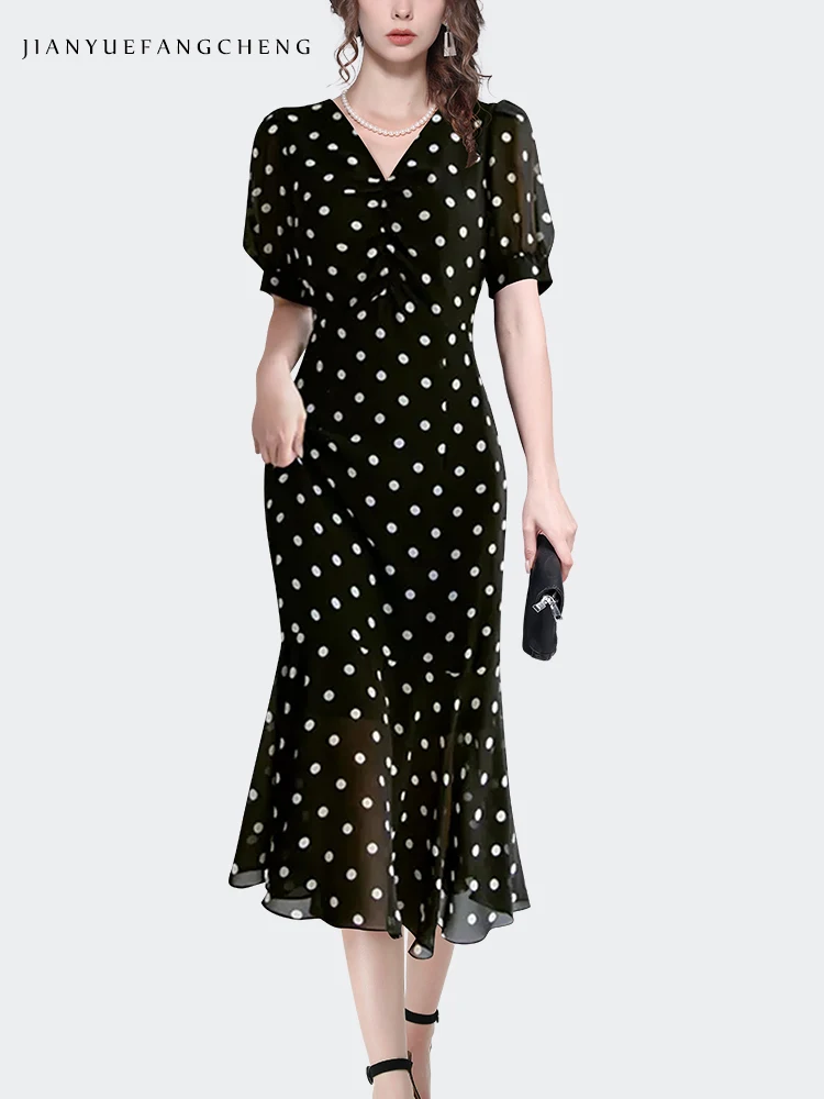 2024 Summer Elegant French Style Polka Dot Chiffon Dress Women\'s Mid-length Bodycon over the knee Black long Dresses