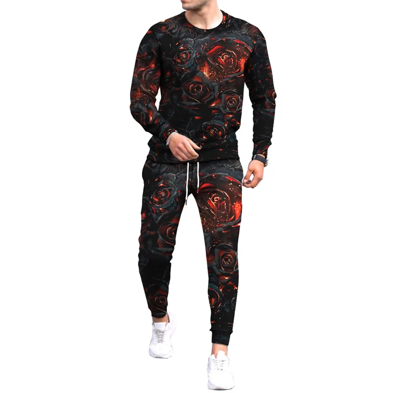 Fashion Color Graffiti 3D Print Men\'s Sportswear Set Long-Sleeved T Shirt Pants 2-Piece Set Oversized Pullover Men Clothing