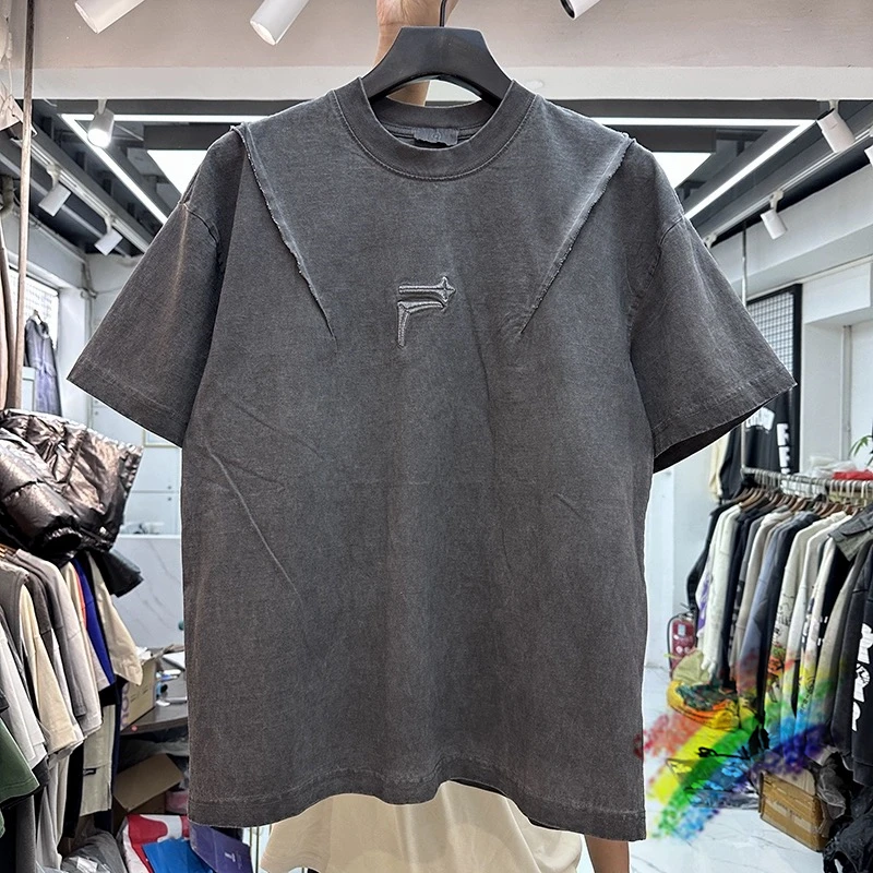 

Washed Heavy Fabric Patchwork Embroidery T Shirt Men Women Tee Top Streetwear Oversize Vintage T-Shirt