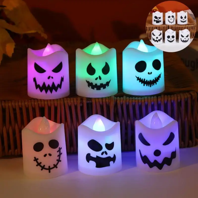 6Pcs Halloween Pumpkin Ghost Candle Lights, Color Glowing Lamp Spooky Haunted House Props For Party Home Bar Horror Themed Deco
