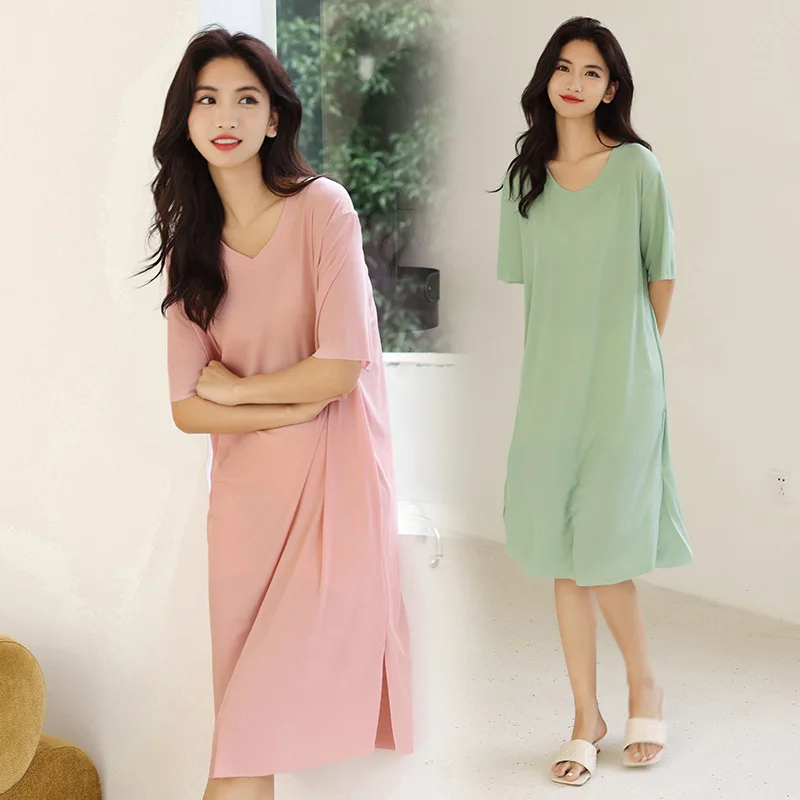 

Ice Silk Nightgown Ladies Summer Thin Night Dress Women Short Sleeve Sleepwear Yellow Nightwear Leisure Home Wear Nightdress