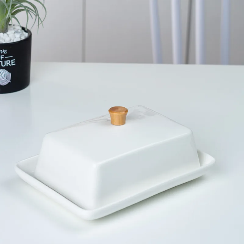 

Ceramic bamboo wood butter dish with lid, cross-border rectangular Western style butter storage box set, bread and butter box