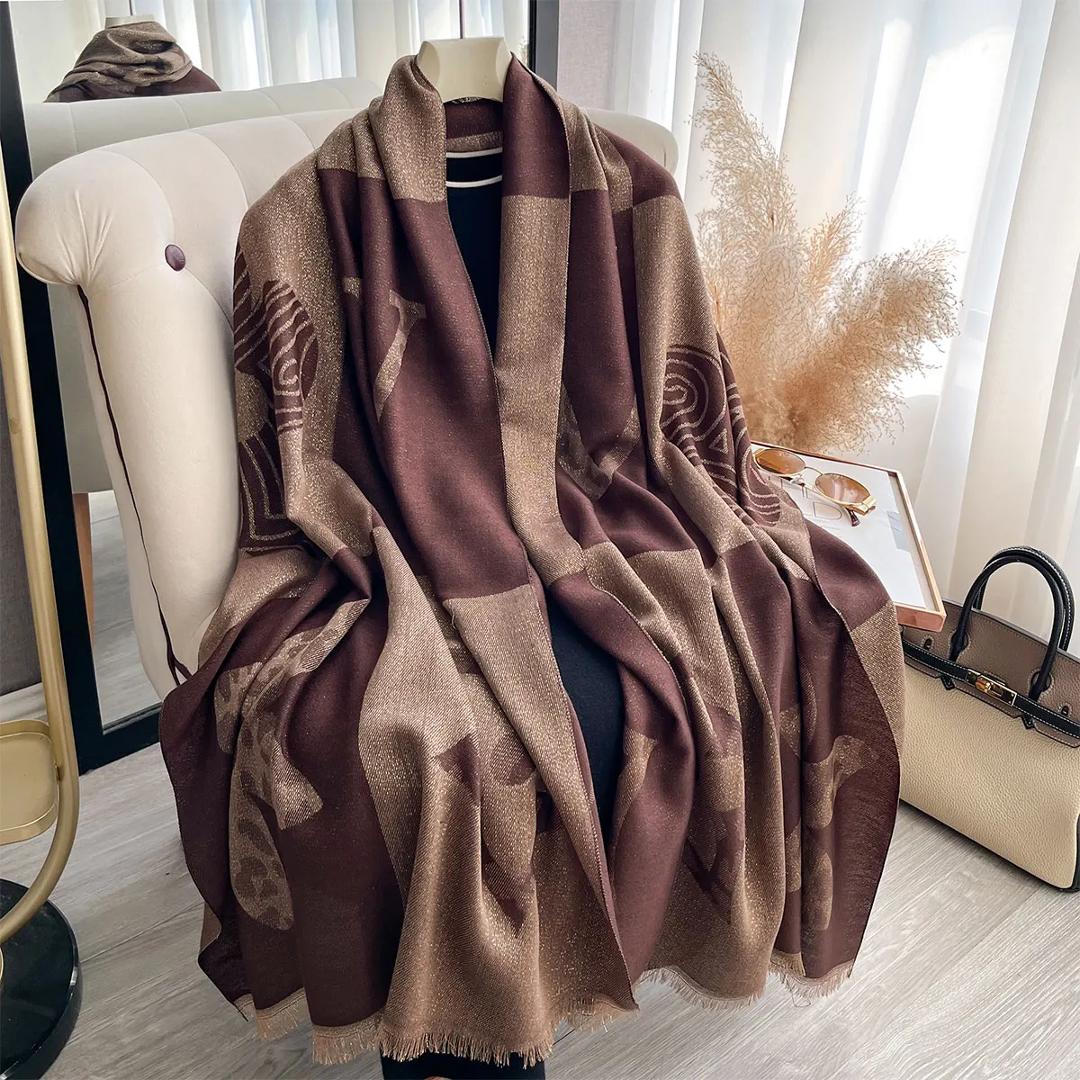 

Элегантный мусульманский хиджаб, шаль для женщин, длинный шарф с золотой нитью, весенне-осенний защитный декор, головной платок