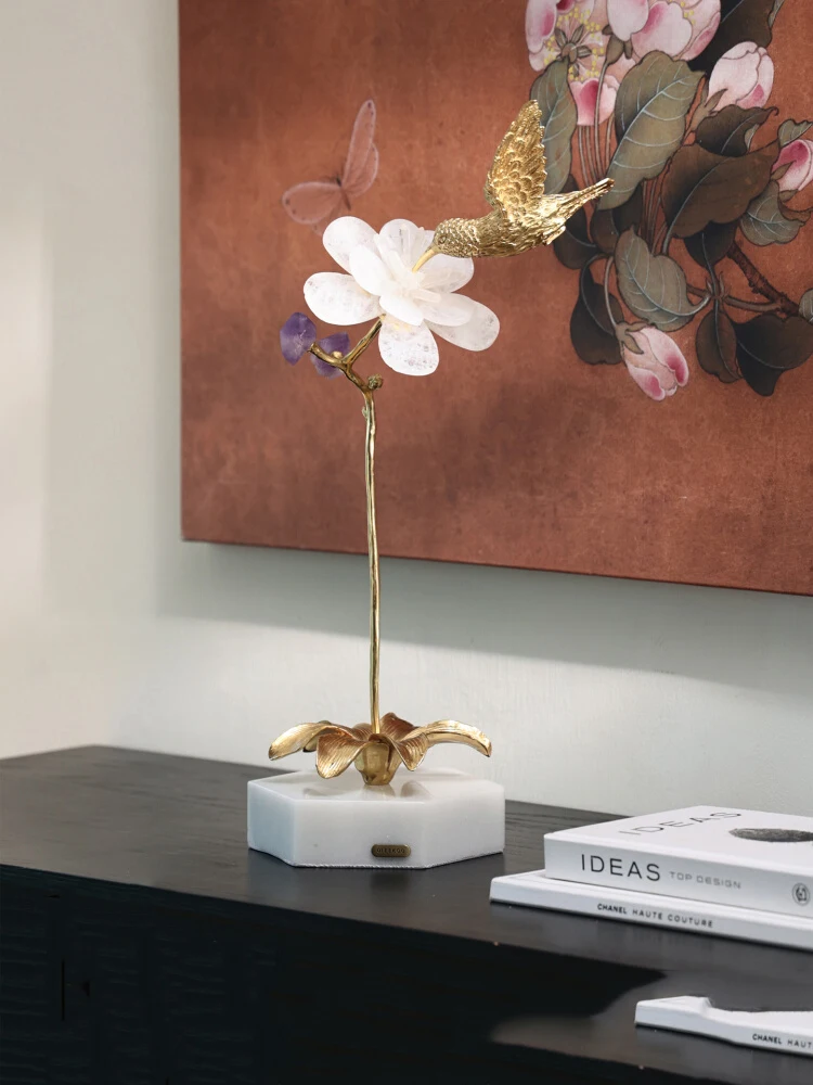 Home Living Room Office High-Grade Decoration Desktop Light Luxury Brass Bird Crystal Flower Art Entryway Ornaments