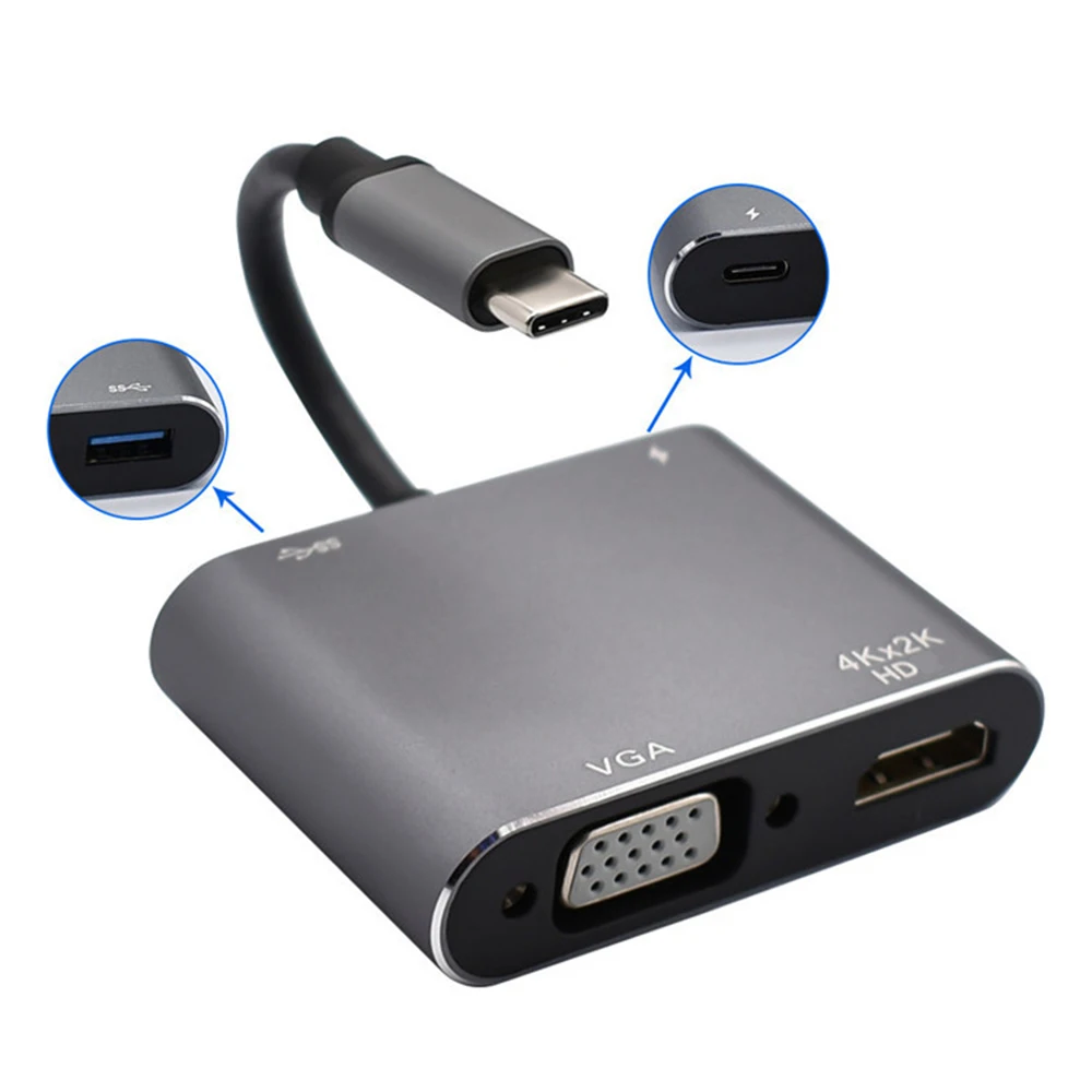 Type C to HDMI-compatible /VGA /USB3.0 Adapter 1080P Multi-Display 4in1 USB C to HDMI-compatible Converter for Windows 7/8/10 OS