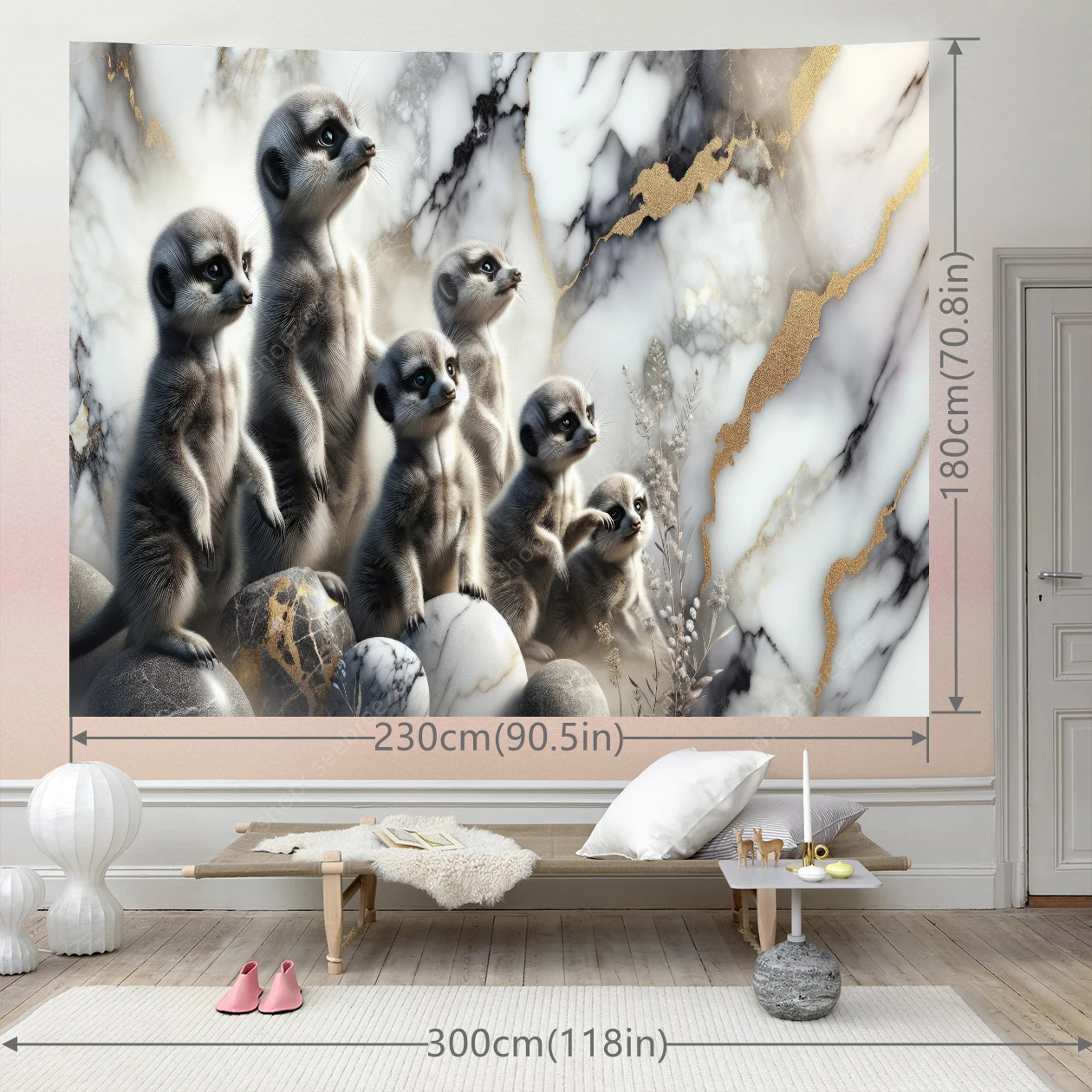 ​Gold Veined Black White Marble Meerkats Tapestry Wildlife Nature Art Wall Hanging Decor for Living Room Bedroom​ Dormitory
