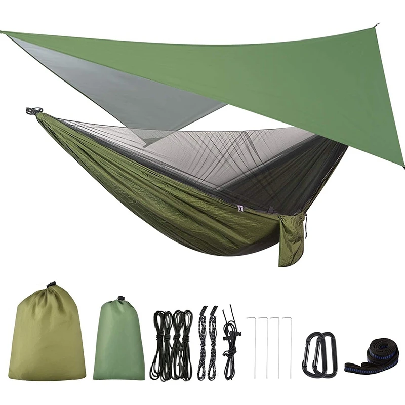 

AD08-Camping Hammock With Rainfly Tarp And Mosquito Net, Portable Parachute Hammock For Hiking Outdoor Travel Backyard