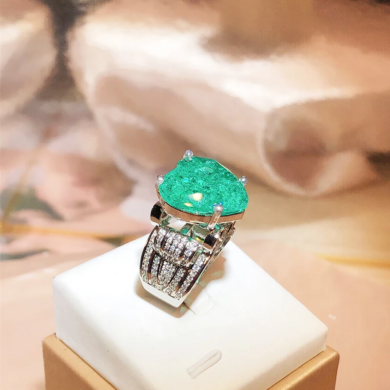 Elegant Paraiba Emerald S925 Silver Heart  Full Diamond Couple Ring For Women Lover Geometric Valentine Day Gift Party Jewelry