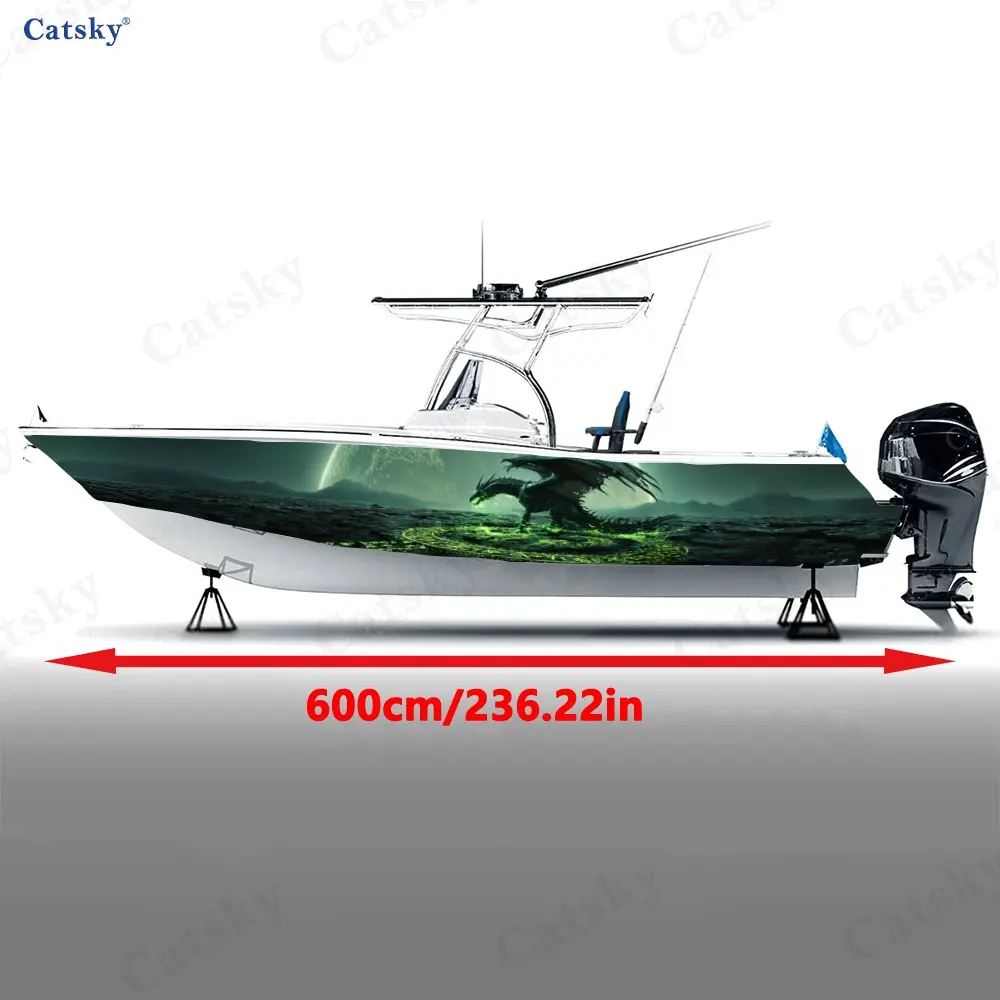 Dark Green Flame Magic Dragon Boat Stickers, PVC Waterproof Vinyl Wrap Decals for Fishing Boats, Durable and Stylish Design
