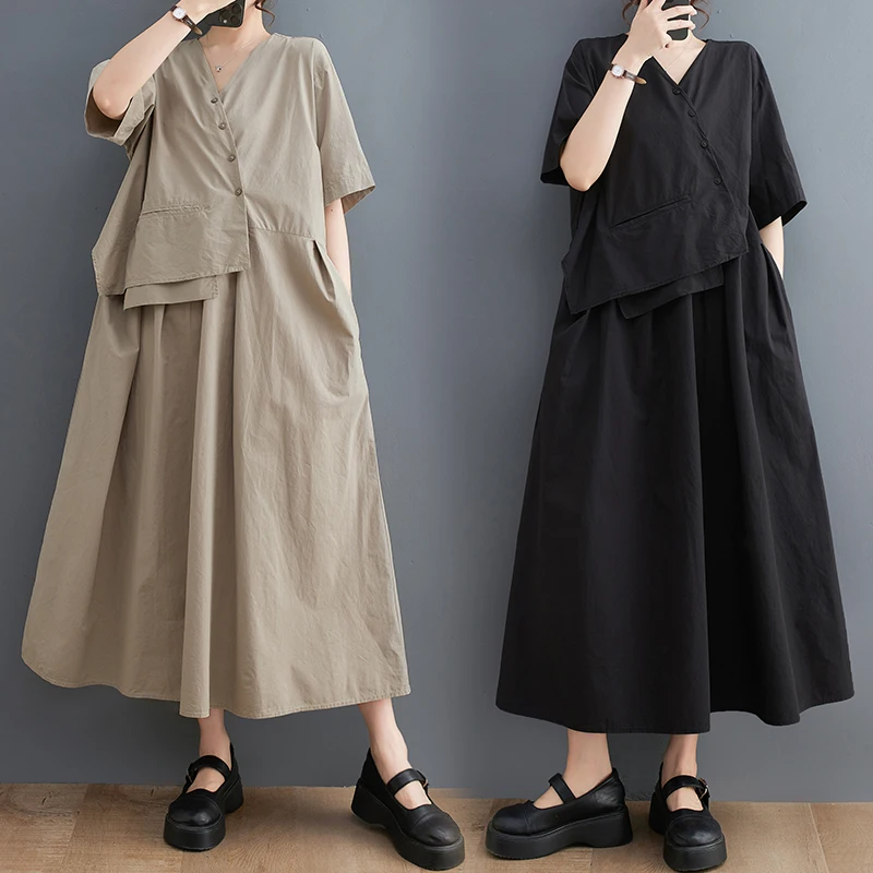 Summer Korean Sle Casual ort Sve Asymmetrical Dr Large Size Women's Loose Waist A-Line Skirt V-Ne Color