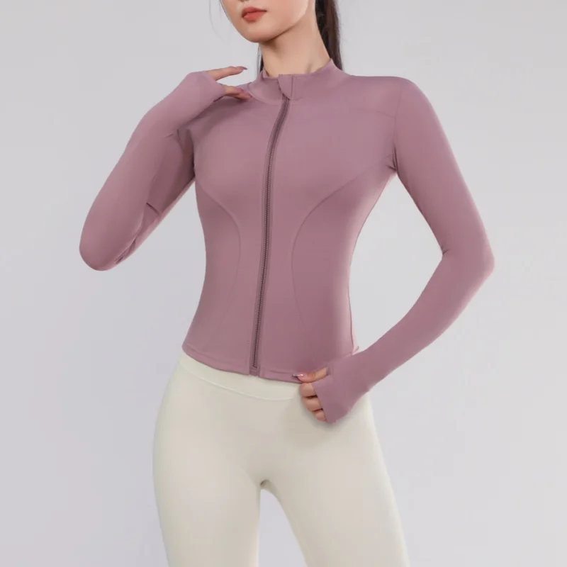 Damen-Trainingsjacke, dehnbar, eng anliegend, mit Reißverschluss vorne, langen Ärmeln, für Laufen, Yoga, schlankmachend, Stehkragen, schnelltrocknend, Sportbekleidung – Detail 6