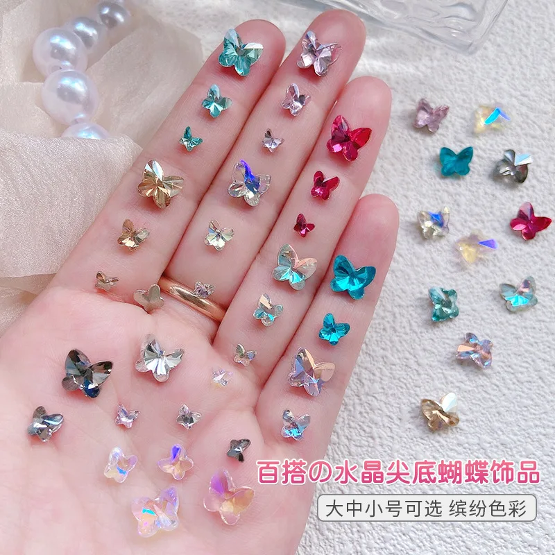 20Pcs 3 Sizes Nail Art Butterfly Charms Point Bottom Nail Rhinestones Butterfly Shaped 3D Crystal Decals Gems Stone For Manicure