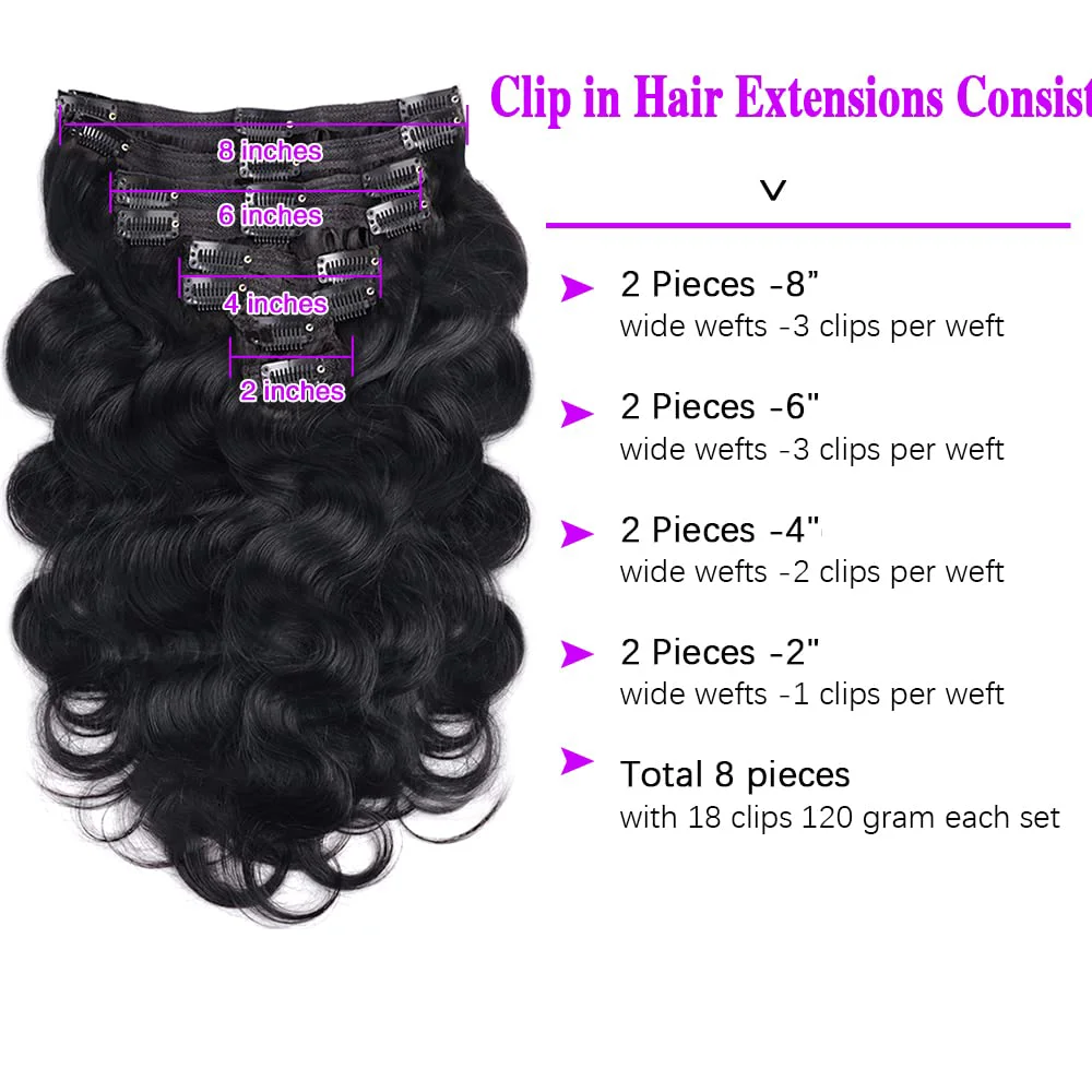 Grampo em extensões de cabelo brasileiro 100% cabelo humano onda do corpo clipe em extensões cabeça cheia 8 pçs 120g clipe ins cabelo cor natural