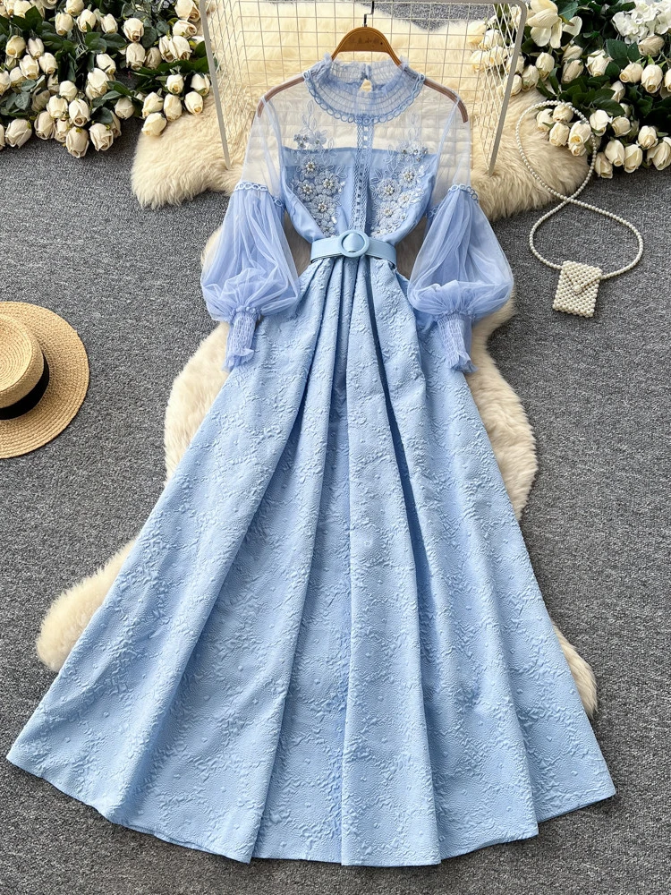 

Весенне-летнее элегантное платье с вышивкой и бисером, сетчатыми вставками и рукавами-фонариками, женское, новое, модное, с завышенной талией, расклешенное.