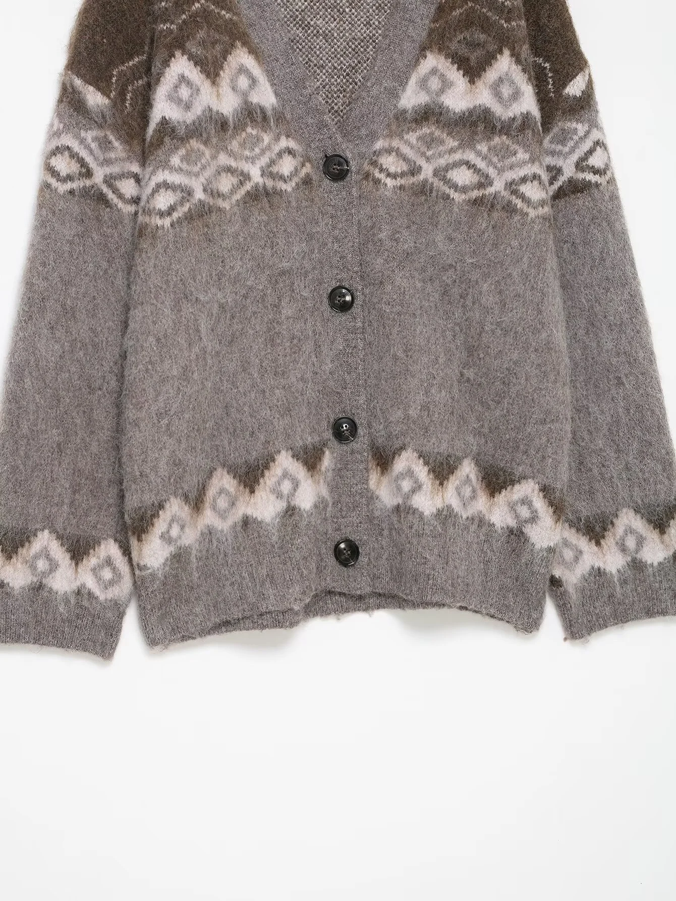 เสื้อคลุมคาร์ดิแกนไหมพรมถักลายแจ็คการ์ดแบบลำลองสไตล์สบายๆ คอวี แขนยาว แต่งขาดๆ ติดกระดุม สำหรับผู้หญิง ฤดูหนาว 2025