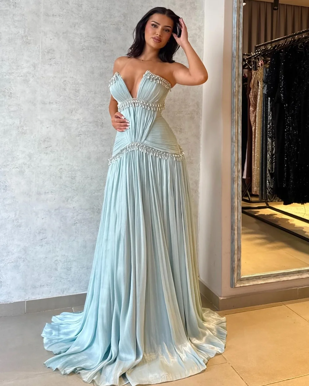 

Customized Exquisite Sequined Pleat A-line Strapless Long Dresses Bespoke Occasion Celebrity Modern Style Classic