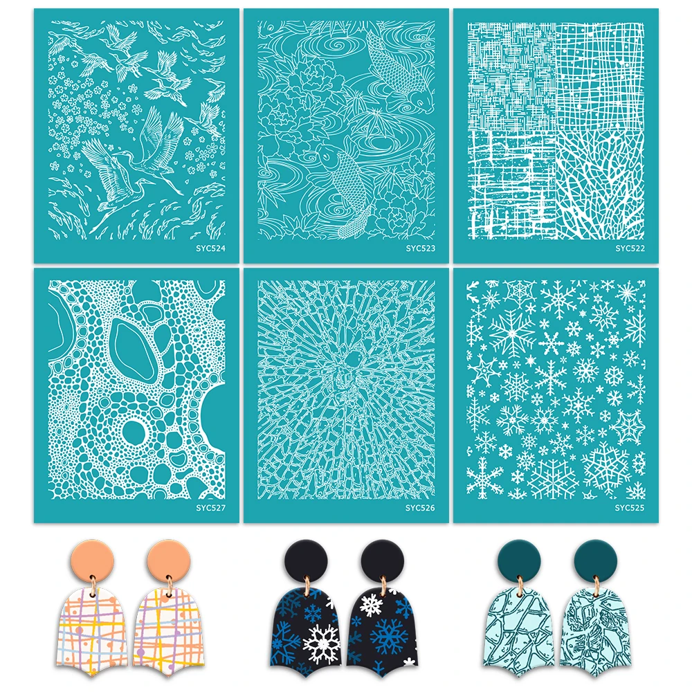 Snowflake/Crane/fish Pattern Silk Screen Stencil for Polymer Clay Reusable Silkscreen Mesh Transfer Paper DIY Jewelry Earrings
