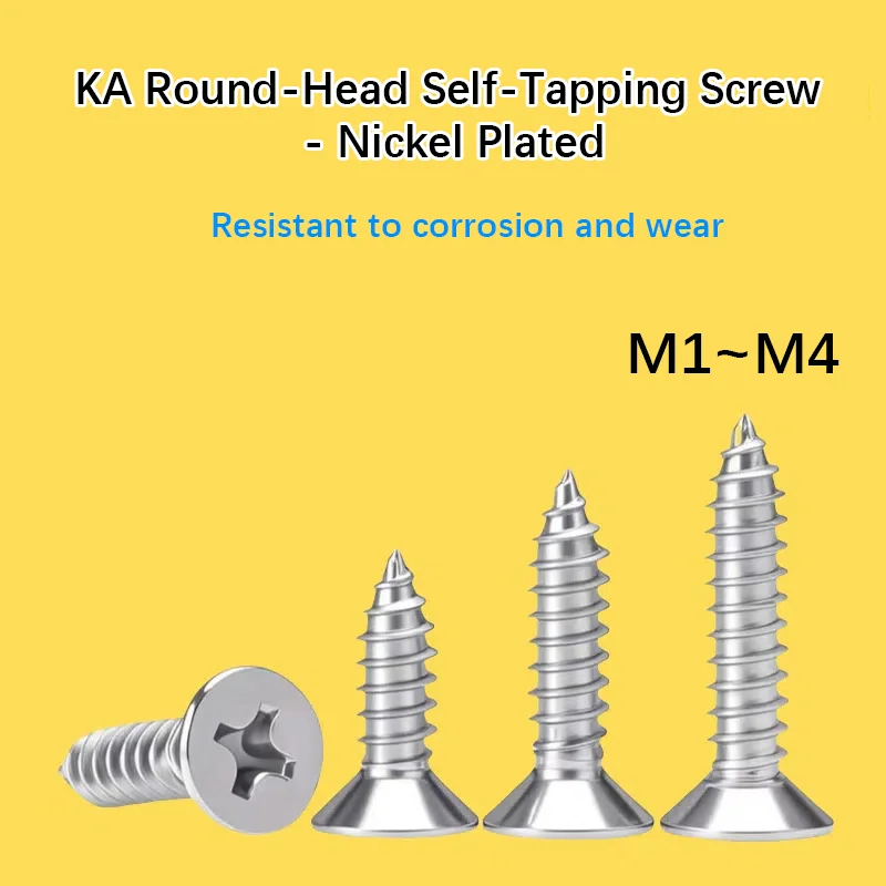 500/1000pcs Countersunk Cross-Phillips Self-Tapping KA Screws M1~M4 Nickel-Plated Flat-Head Cross-Phillips Self-Tapping Screws