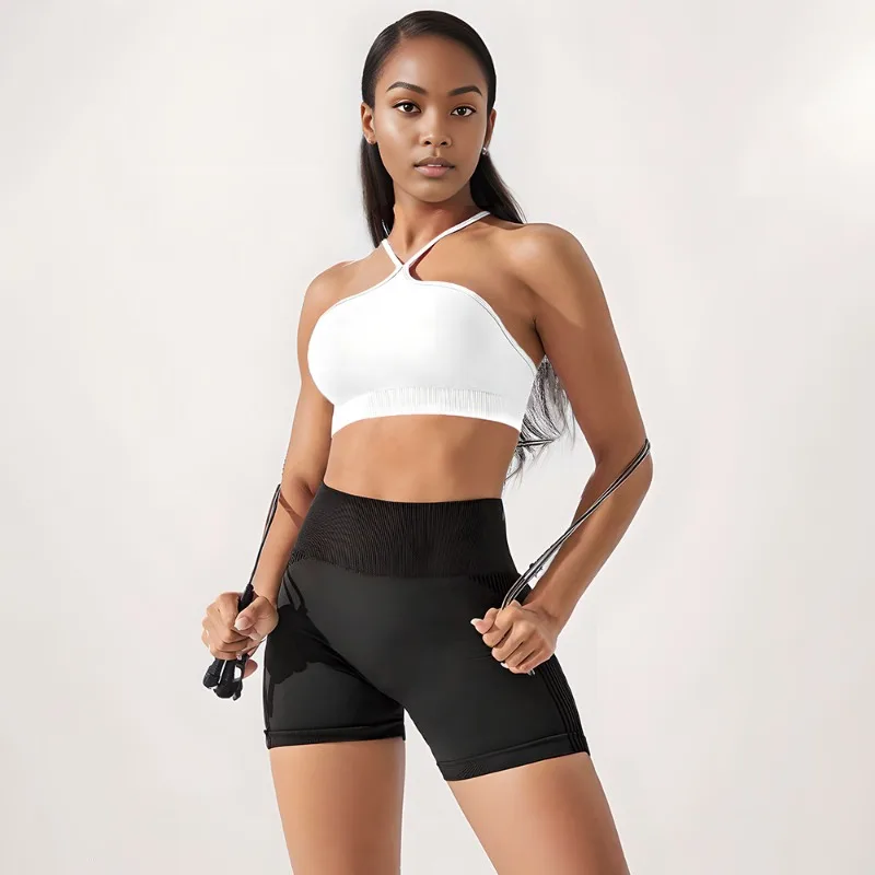 Sexy Hanging Neck Strap Style  Women Fitness Yoga Vest High Elastic Slim Seamless Solid Fashion Backless Bra Gym Trainning Vest