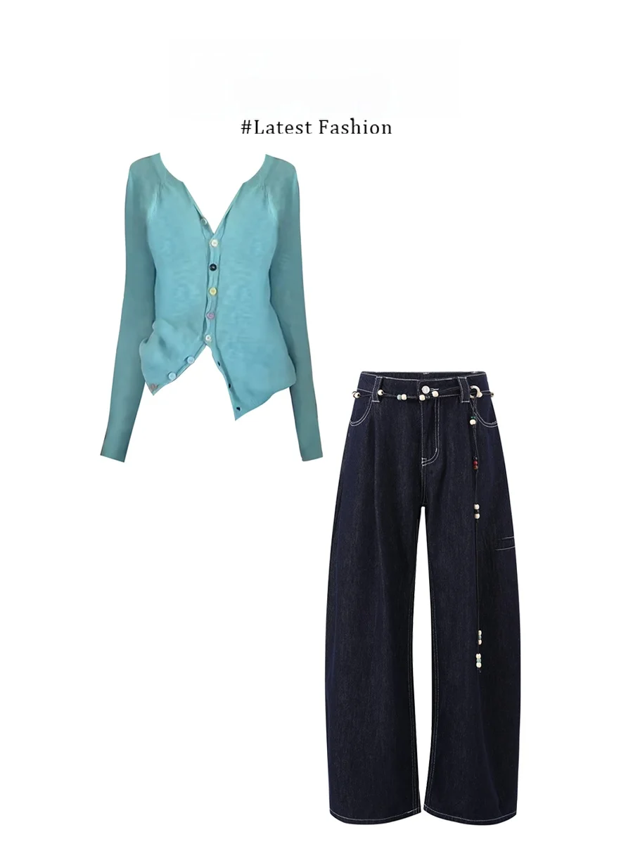 Parkyeon Early Autumn Unique Super Beautiful Knitted Set Single Button Denim Jacket And Pants One Complete Set Fashionable Wo...