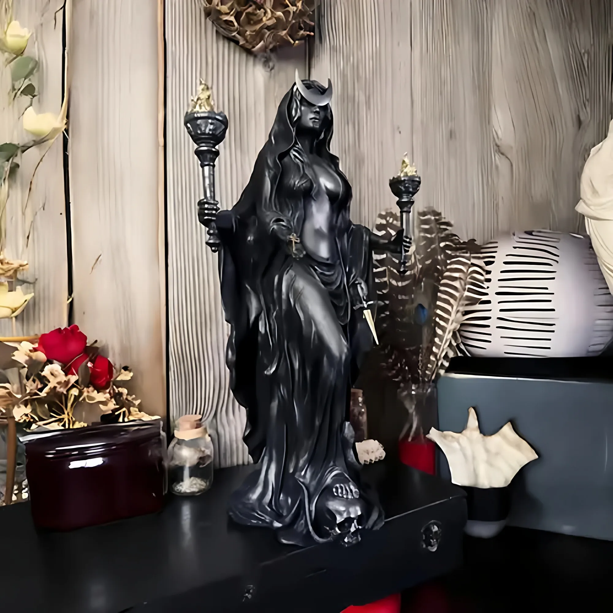 Hecate Greek Goddess Statue Resin Sculpture Torch Witch Figurine Gothic Home Decor Halloween Ornament Collection Gift