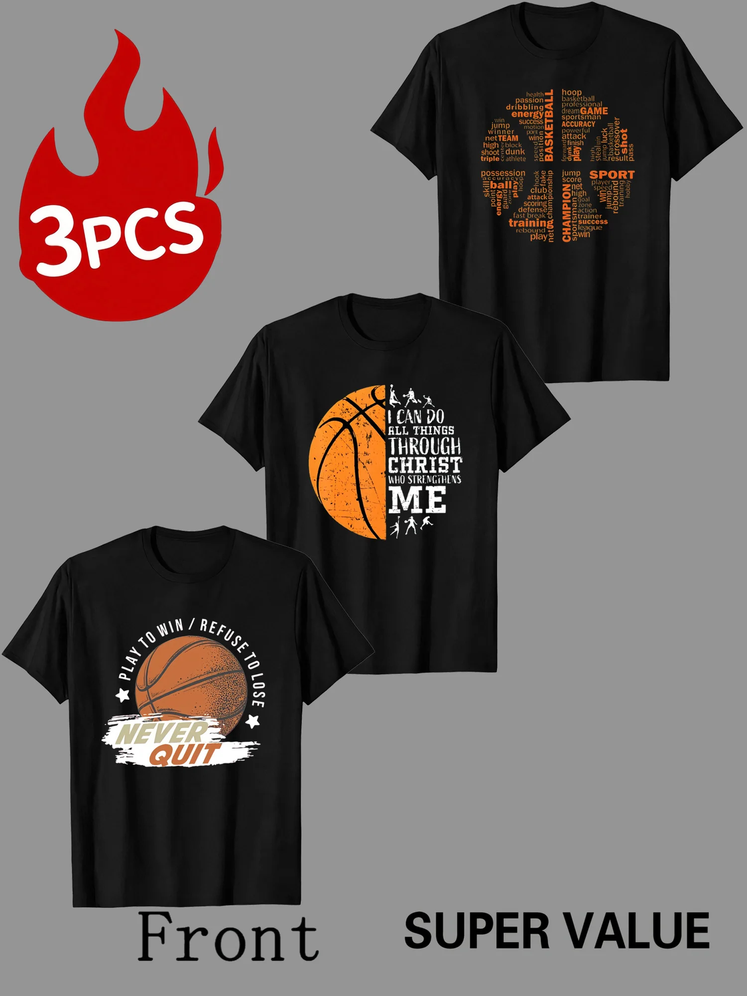 

3pcs， Combination basketball pattern print design, children's fashionable casual T-shirt, soft and comfortable.