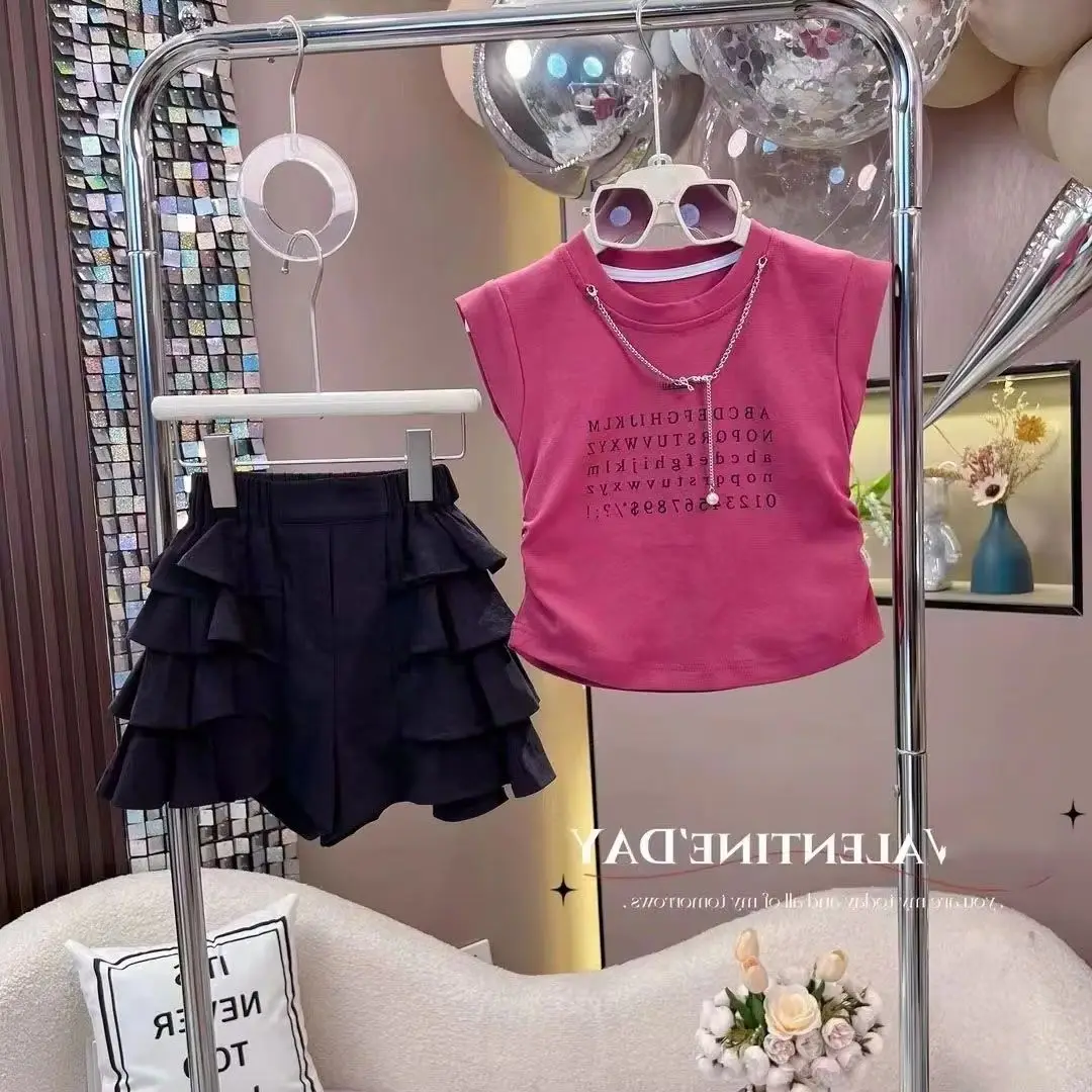 

Girls Set New Summer Children's Cotton Sleeveless Vest+Skirt Pants Stylish Two-piece Set without necklace