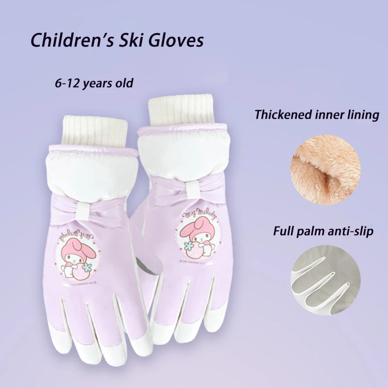 Sanrios Hellokitty My Melody Children's Ski Gloves Winter Warm Cold Padded Thickened Waterproof Outdoor Gloves Birthday Gifts