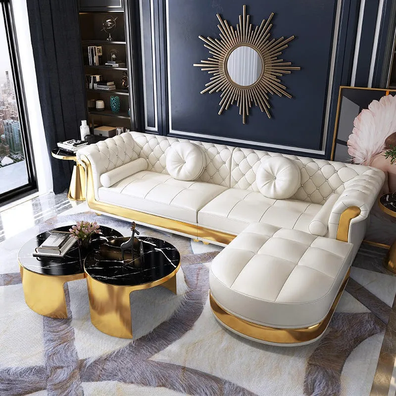 Leather sofa living room retro corner small apartment simple American country first layer cowhide sofa combination