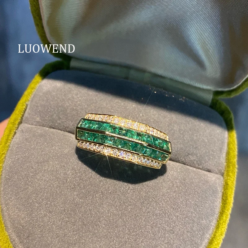 

LUOWEND 100% 18K Yellow Gold Rings Vintage Palace Style Real Natural Emerald Cocktail Ring for Women High Anniversary Jewelry