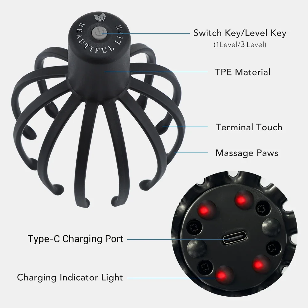 Electric Octopus Claw Scalp Massager Hands-free 3 Level Head Massage LED Red Light 3D Wirelss Head Scratcher Massage Health Care image 4