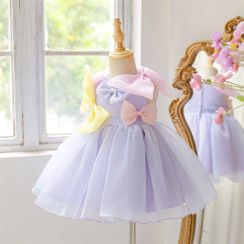 Little Girls Lavender Tutu Dress Multi Color Big Bow Shoulder Soft Sheer Organza Mini Skirt Baby Party Princess Outfit ASQ03