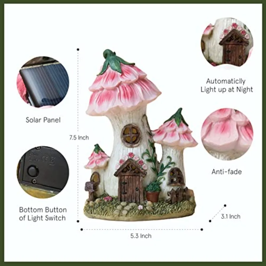 Resin Fairy Garden - Miniature Floral Roof Cottage with Solar LED Lights, Fairy House Figurine Set of 3 with Carriage, Outdoor