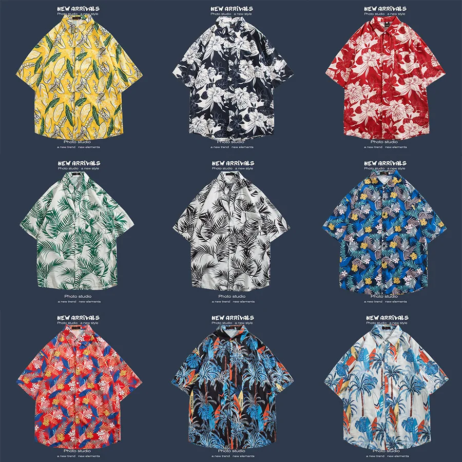 Beach Short Sleeves T-shirt Men's Hawaiian Shirts Vintage Button Cardigan Men's Beach Clothing Short Sleeves Tee Beachwear