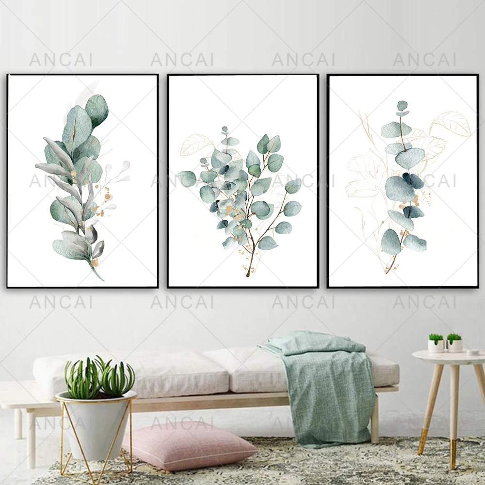 Affiche murale d\'interconnexion d\'eucalyptus, impression florale, cuir chevelu botanique, feuilles vertes, peinture sur toile dorée, décoration