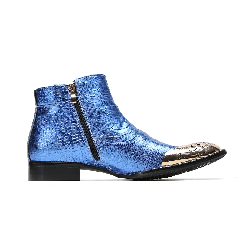 Coogerlove Punk-Stil Männer blau Echt leder Stiefel Metall quadratische Zehen Schnalle Niet Motorrad Stiefel Winter männliche Party Stiefel – Detail 7