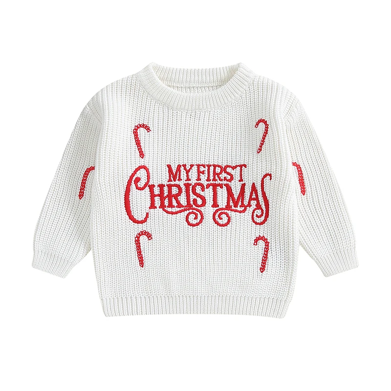 

Детские рождественские свитера с длинными рукавами и круглым вырезом, вязаные пуловеры с вышивкой ярких букв, джемперы для младенцев, топы