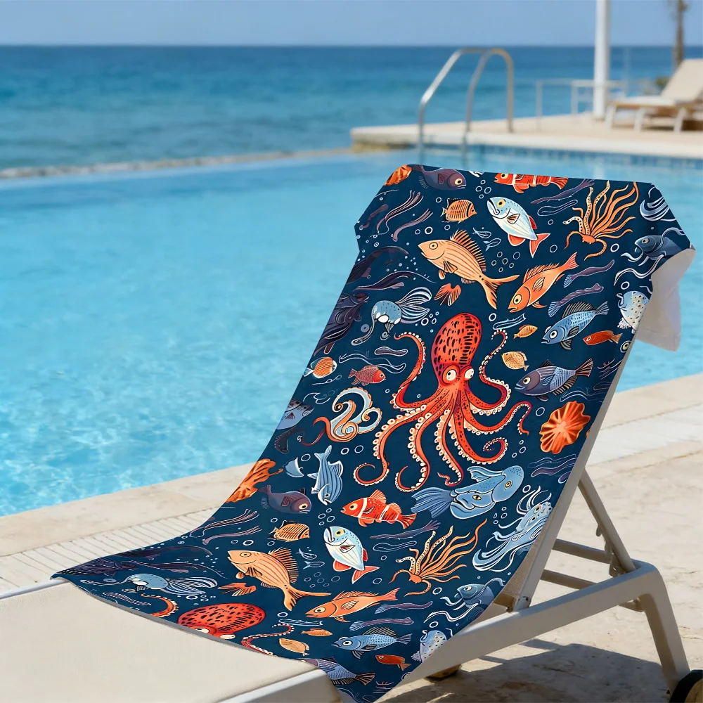 Deep Sea Octopus & Fish Beach Towel – Oversized Quick Dry Sand Free with Tropical Marine Life Print for Kids