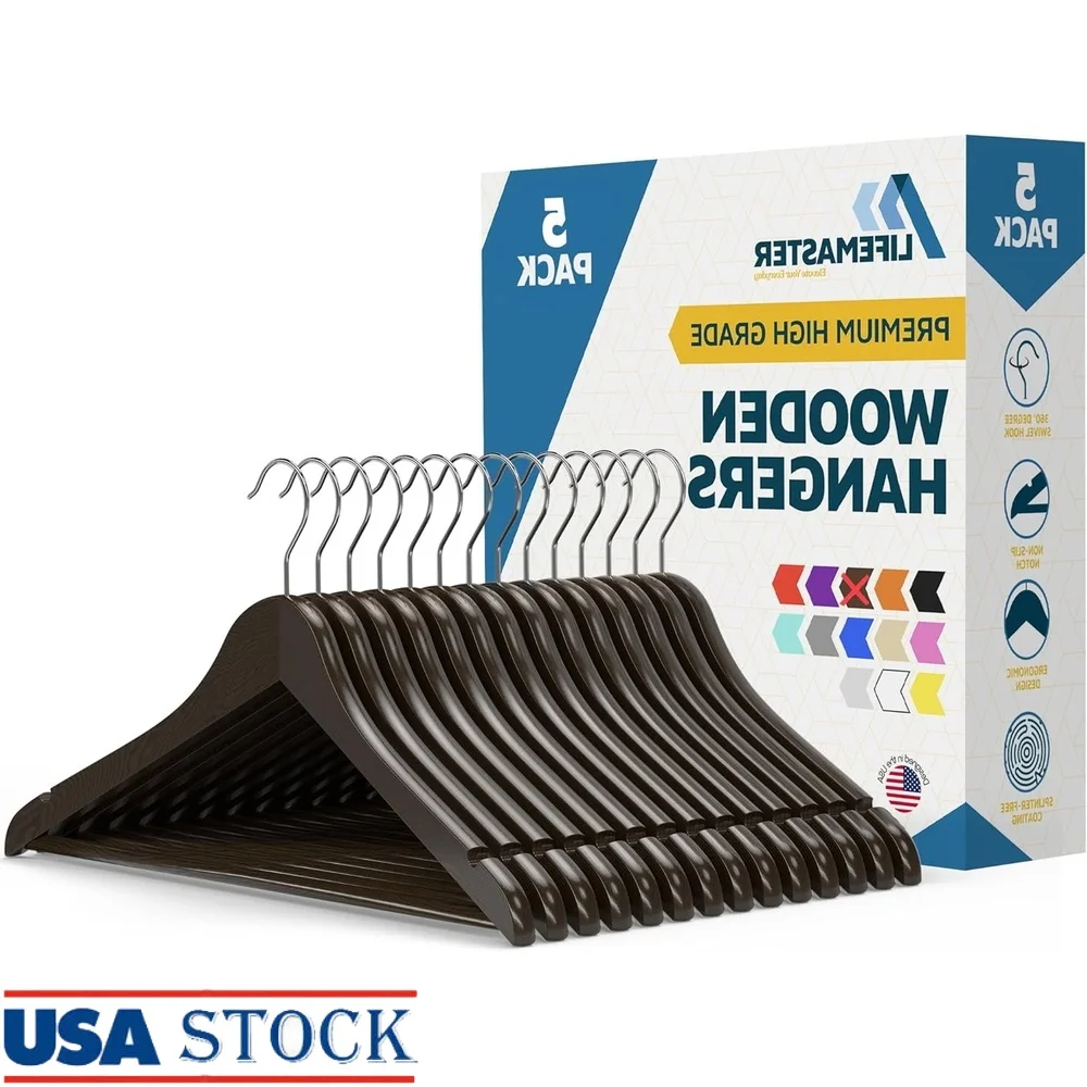 

Wooden Clothes Hangers with 360 Degree Swivel Hook Anti Slip Shoulder Grooves Pants Bar Heavy Duty Closet Organizer 5 Pack