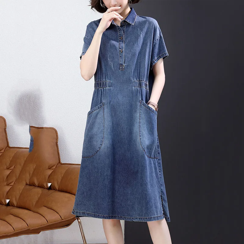 Plus Size Female Denim Dress Summer A Line Short Sleeve Casual Dresses Fashion Long Pullover Dresses Womens Office Clothing 3XL