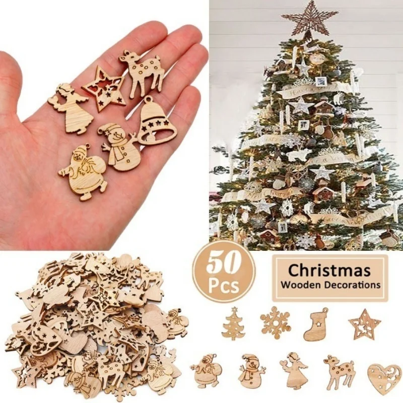 50pcs/bag Natural Wood Christmas Ornaments Pendant Mini Snowflake Xmas Tree Confetti Table Scatter Decor for Home New Year Gift