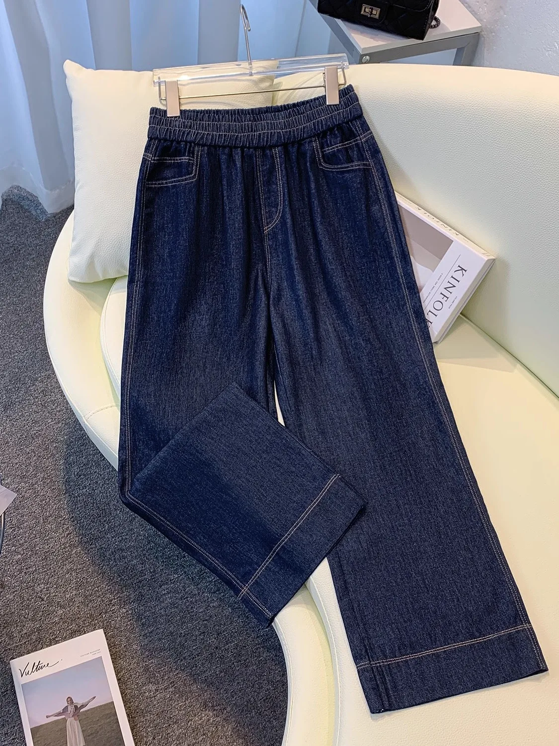 

Женские модные джинсы с эластичной талией больших размеров, весенний сезон, большие бедра, утягивающие брюки плюс размер, широкие брюки