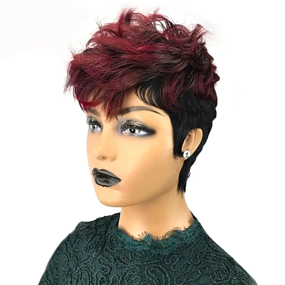 1B99J# Pixie Cut Wig Human Hair For Women Short Pixie Bob Replacement Wigs Short Layered Wave Full Machine Made Wig With Bangs