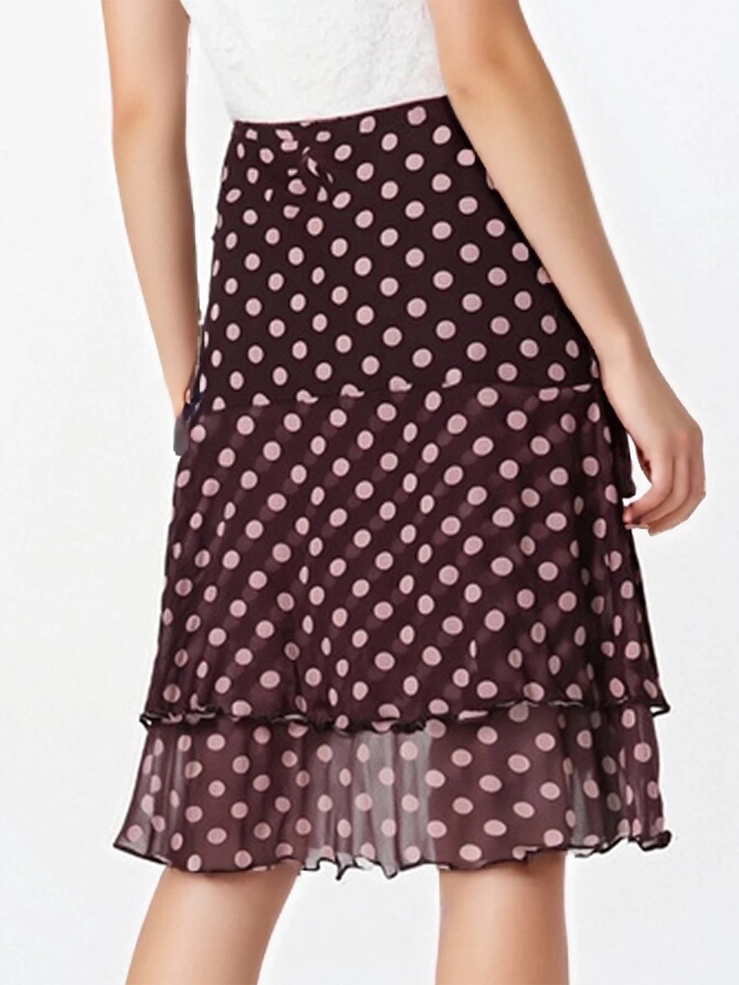 Women s Polka Dot Pleated Midi Skirt Stylish Tiered Ruffle Detail Loose Fit Knee-Length Skirt for Everyday Wear Office Vacation