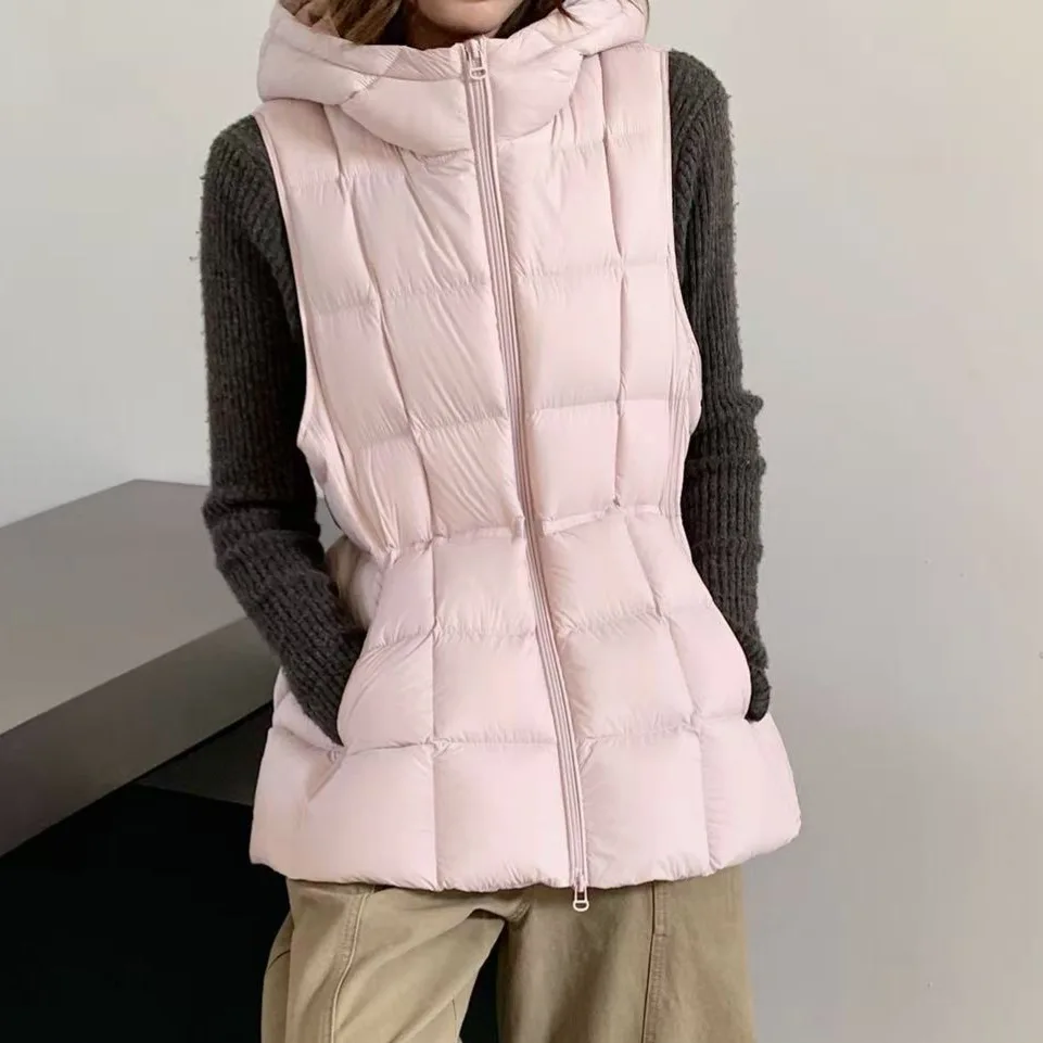 Autumn Winter Mid-length Hooded Fluffy Down Vest Female Grid Quilting Warm Sleeveless Waistcoat Women White Duck Down Thick Vest