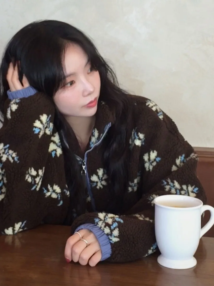 

Chic Floral Faux Lamb Fur Stand Collar ort Jaet Women's Winter Vintage Loose Cotton Coat Top Faionable Casual Outerwear