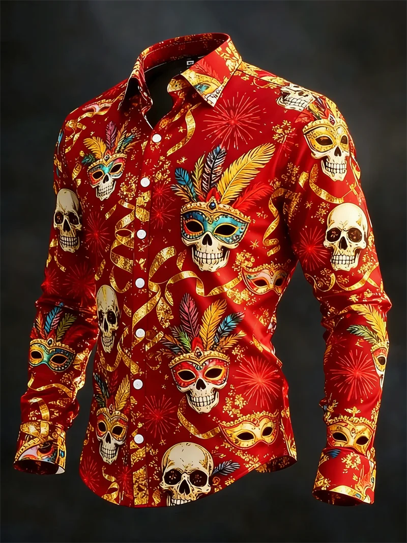 New Men's Skull Pattern 3D Feather Printed Long Sleeve Shirt High Quality Shirt Casual Long Sleeve Collar Top