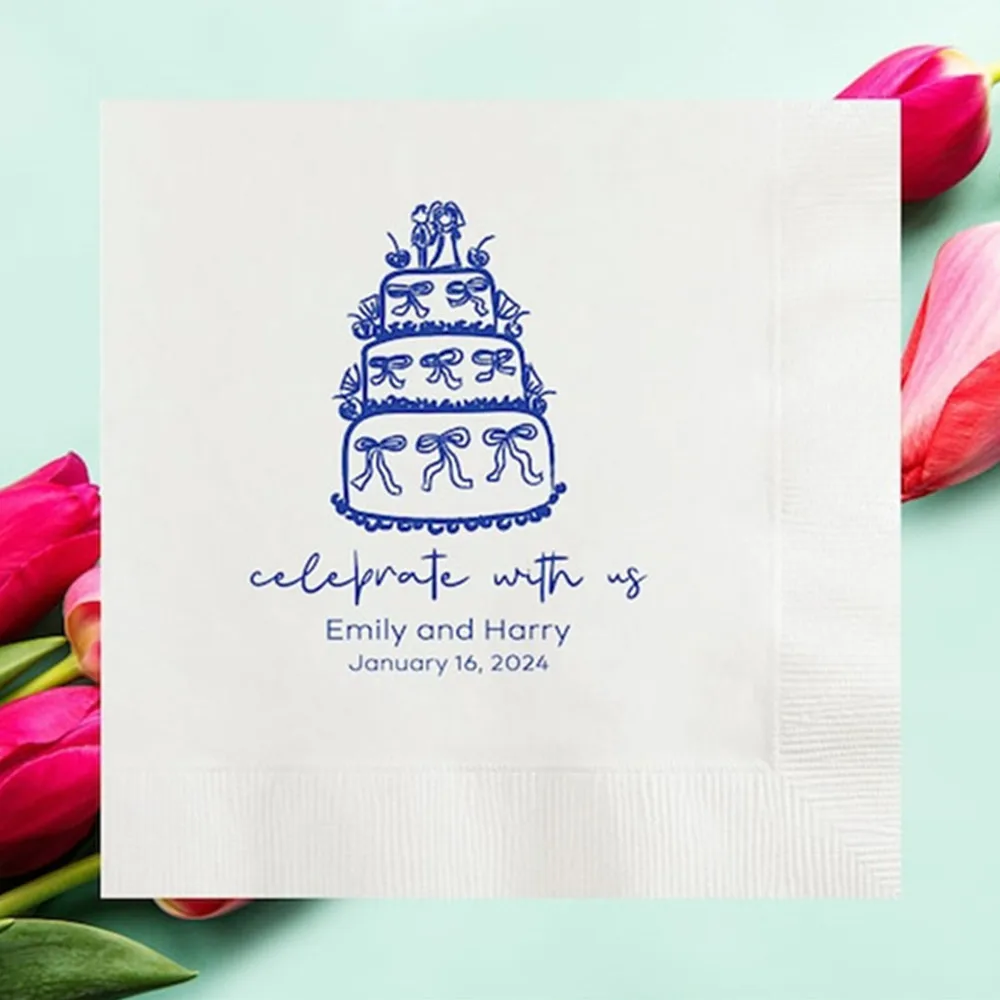 

50PCS Personalized Celebrate With Us Hand Drawn Wedding Cake Napkins, Custom Wedding Cocktail Paper Napkins, Engagement Party, R