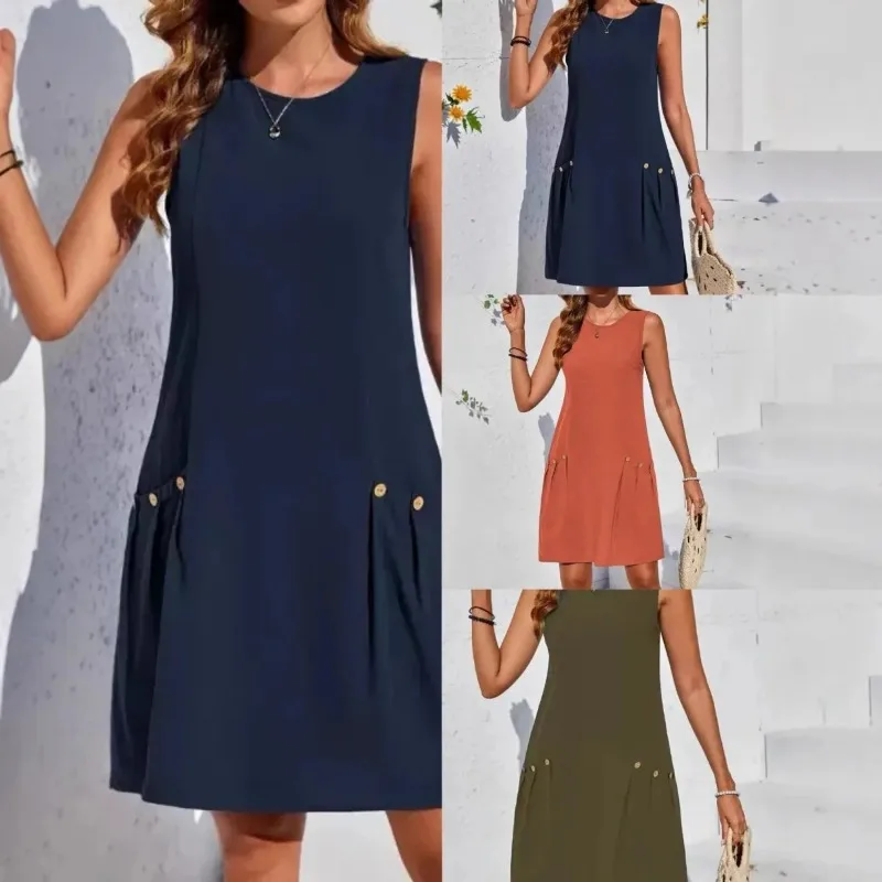 2026 Neues Elegantes Einfarbiges Kleid mit Doppeltasche, Knopfleiste, Rundhalsausschnitt und Ärmellos für Damen, Lässige Kleider